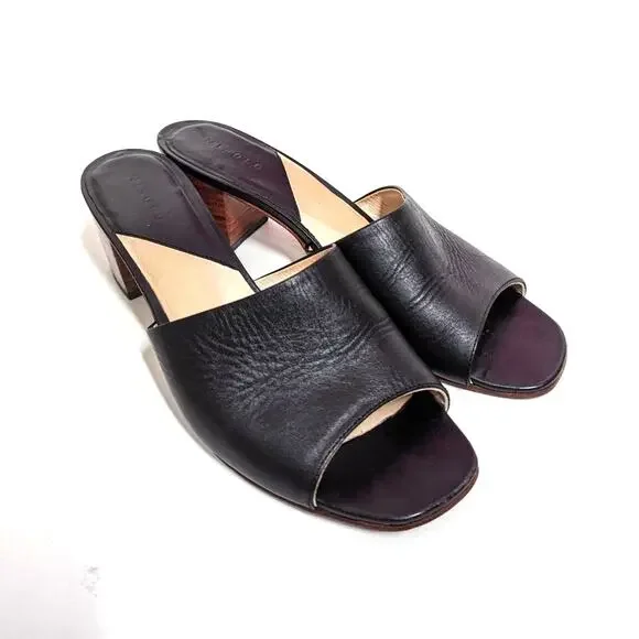 Nisolo Elizabeth Black Leather Slides Block Heel Sandals Open Toe 9.5 Preowned - Picture 4 of 13